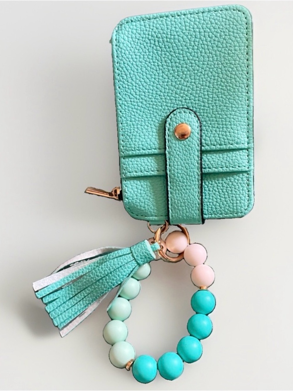 Turquoise Pebbled Leather Wristlet Wallet with Beaded Strap,ID Holder